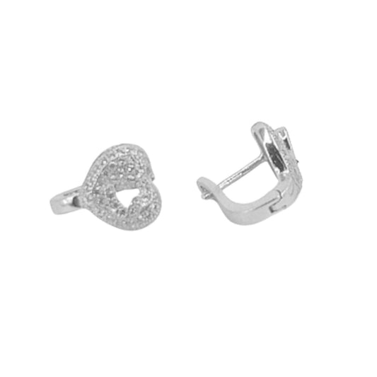 Sterling silver heart earrings with rhodium finish, cubic zirconia, and Catalan clasp.