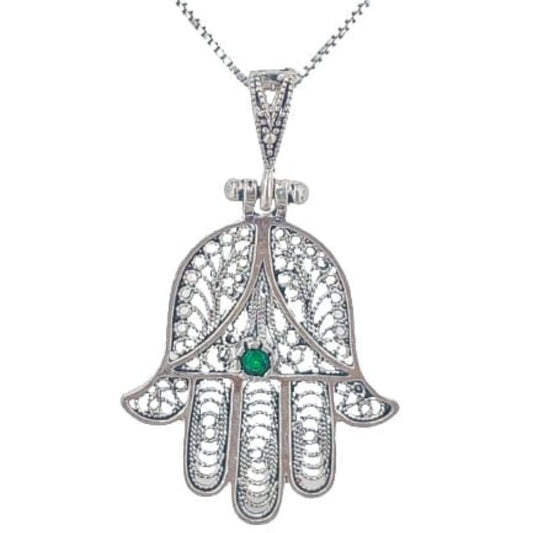 Fatima Hand Pendant, Silver with Aged Finish and Cubic Zirconia