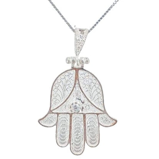 Fatima Hand Pendant, Silver Finished with Cubic Zirconia