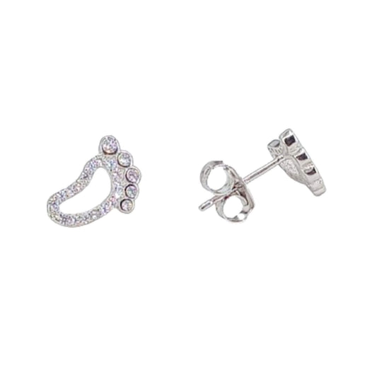 SILVER FEET EARRINGS WITH RHODIUM FINISH, WHITE ZIRCONIAS, PRESSURE CLOSURE