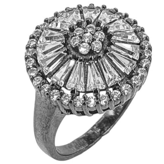 SILVER RING FINISHED IN RUTHENIUM AND ZIRCONIAS
