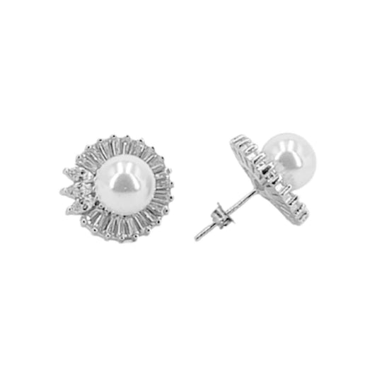 SILVER AND PEARL EARRINGS WITH RHODIUM FINISH AND ZIRCONIAS, PRESSURE CLOSURE