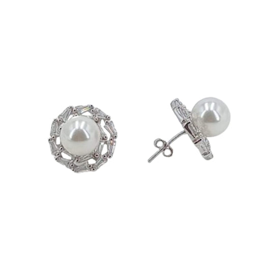 Pearl earrings, silver rhodium finish, cubic zirconia, push-back closure