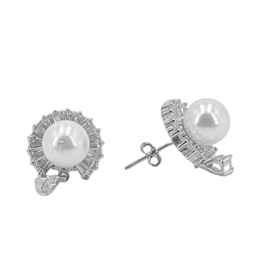 SILVER AND PEARL EARRINGS WITH RHODIUM FINISH, ZIRCONIAS AND PRESSURE CLOSURE