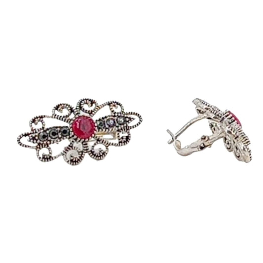 SILVER EARRINGS WITH ANTIQUE FINISH, CATALAN CLOSURE AND NATURAL STONES
