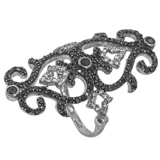 SILVER RING WITH RHODIUM FINISH AND WHITE AND BLACK ZIRCONIAS