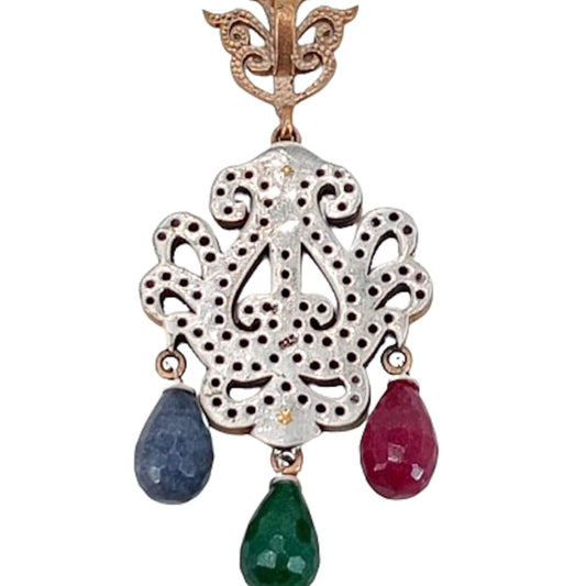 SILVER AND BRONZE PENDANT WITH SILVER FINISH, NATURAL STONES AND ZIRCONIA