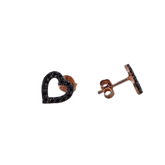 Heart-shaped earrings in silver with a rose gold finish and cubic zirconia stones, push-back closure.