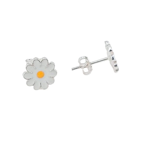 Flower earrings, silver enamel finish, push-back closure