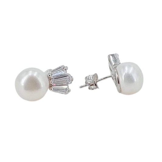 SILVER EARRINGS WITH RHODIUM FINISH, NATURAL PEARL, AND ZIRCONIAS, WITH PRESSURE CLOSURE