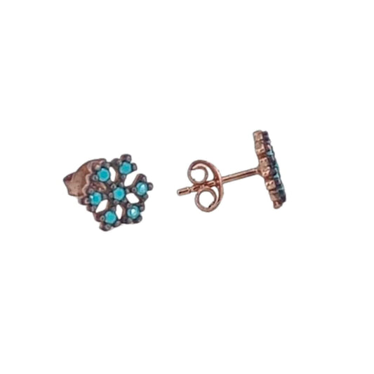 SILVER EARRINGS WITH ROSE RUTHENIUM FINISH AND NATURAL TURQUOISE, PRESSURE CLOSURE