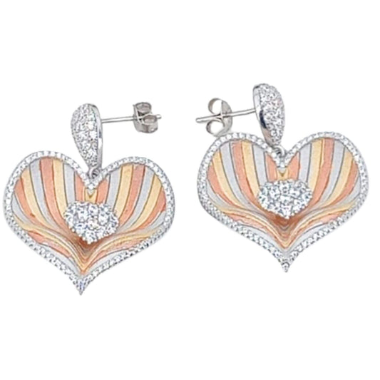 Heart-shaped silver earrings with rhodium finish, tricolor cubic zirconia, and push-back closure.