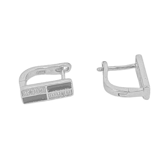 Silver earrings with rhodium finish, enamel, cubic zirconia, and Catalan clasp.