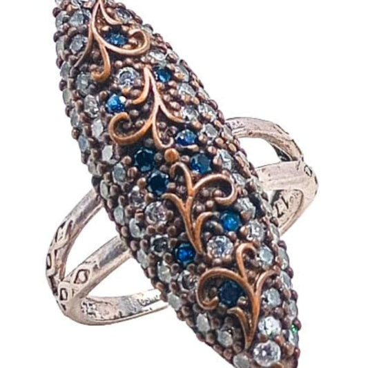 SILVER AND BRONZE RING WITH SILVER FINISH AND NATURAL STONES