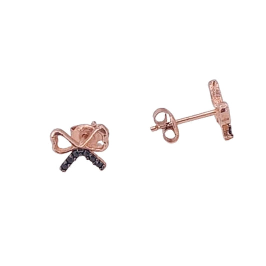 SILVER BOW EARRINGS WITH PINK FINISH AND ZIRCONIAS, PRESSURE CLOSURE