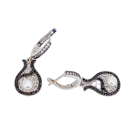 SILVER EARRINGS WITH RHODIUM FINISH, PEARL, ZIRCONIAS, AND CATALAN CLOSURE
