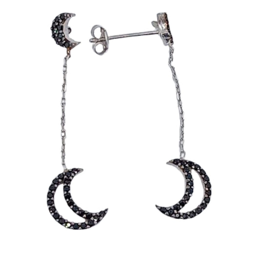 Moon Chain Earrings, Silver Rhodium Finish, Cubic Zirconia, Push Back Closure