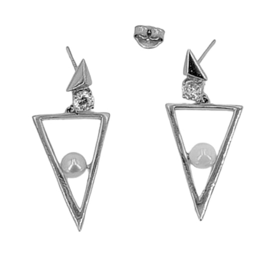 SILVER EARRINGS WITH RHODIUM FINISH, ZIRCONIA, PEARL, AND PRESSURE CLOSURE