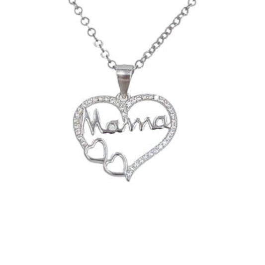 MOM HEART PENDANT SILVER RHODIUM FINISH ZIRCONIAS