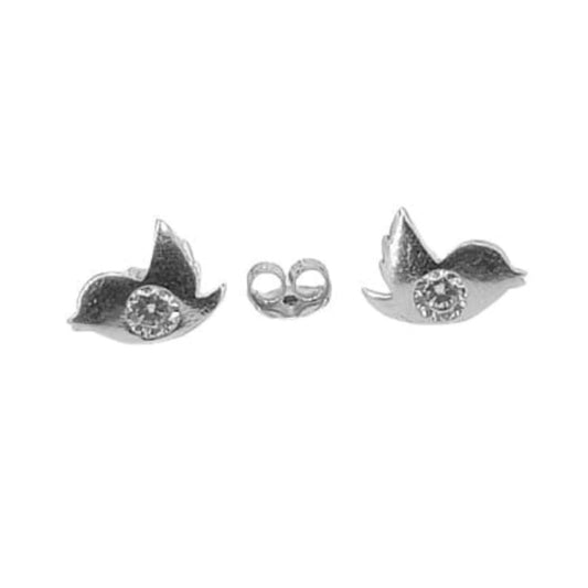 Bird Earrings, Silver Finish, Rhodium Plated, Cubic Zirconia, Push Back Closure