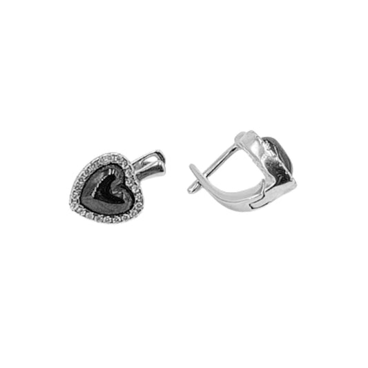 Heart-shaped earrings, black ceramic, rhodium-plated silver, cubic zirconia, Catalan clasp
