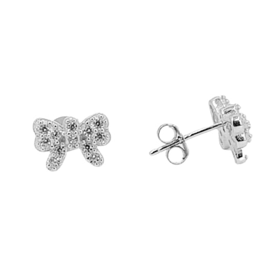 Silver bow earrings with rhodium finish and cubic zirconia, push-back closure