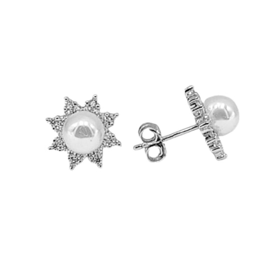 Pearl earrings, silver rhodium finish, cubic zirconia, push-back closure