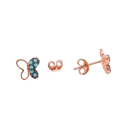 Butterfly earrings in silver with a pink and natural turquoise finish, push-back closure.
