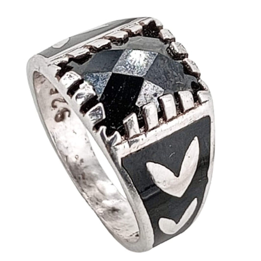 SILVER SEAL SILVER FINISH BLACK ENAMEL NATURAL STONE
