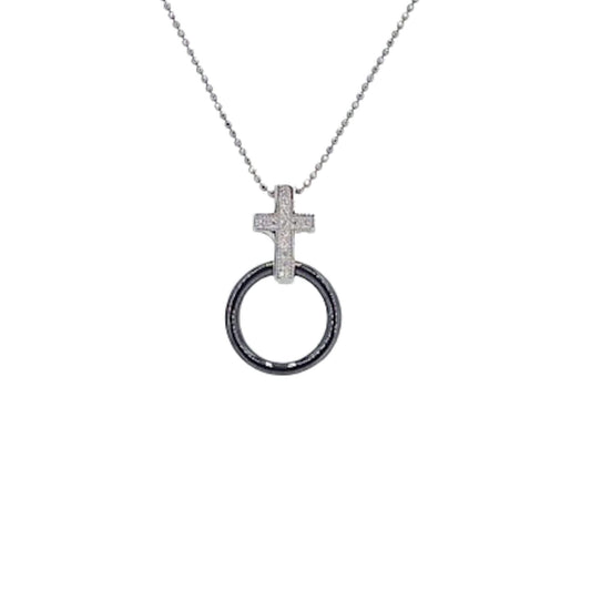 SILVER CROSS WITH RHODIUM FINISH, ZIRCONIAS, AND BLACK CERAMIC
