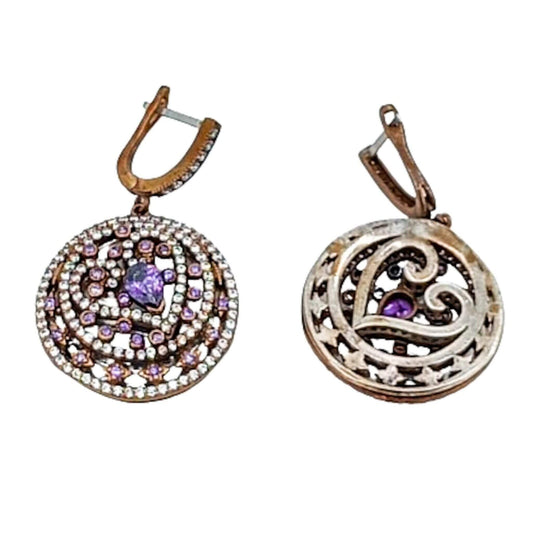 Silver and bronze earrings with silver finish, amethysts and cubic zirconia, Catalan clasp