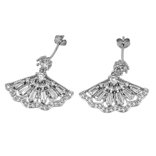Fan-shaped earrings in rhodium-plated silver with cubic zirconia and push-back closure.