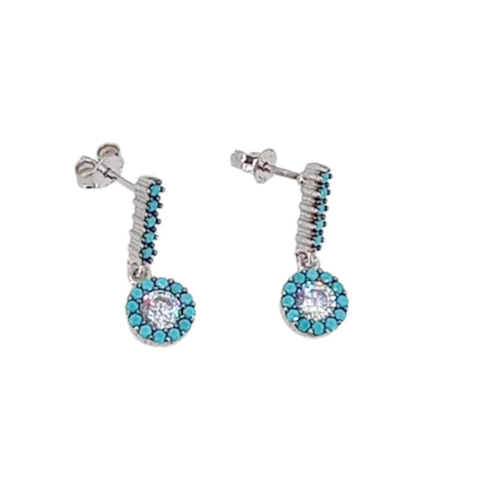 SILVER EARRINGS WITH RHODIUM FINISH, TURQUOISE, ZIRCONIA, PRESSURE CLOSURE
