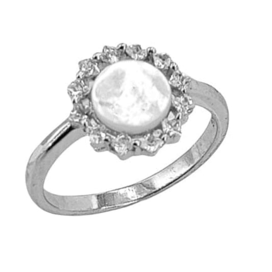 SILVER RING WITH MOTHER OF PEARL, RHODIUM FINISH, AND ZIRCONIAS