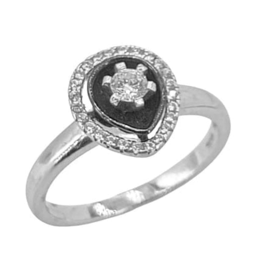 SILVER RING, BLACK CERAMIC, RHODIUM FINISH, ZIRCONIAS