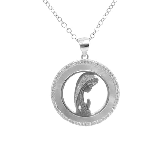VIRGIN MARY GIRL MEDAL SILVER MOTHER OF PEARL RHODIUM FINISH