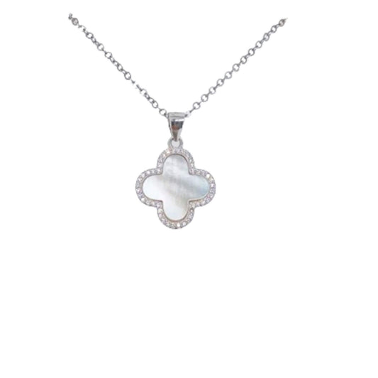 SILVER CROSS MOTHER OF PEARL RHODIUM FINISH ZIRCONIAS