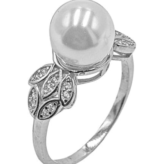 SILVER RING WITH RHODIUM FINISH AND PEARL WITH ZIRCONIAS