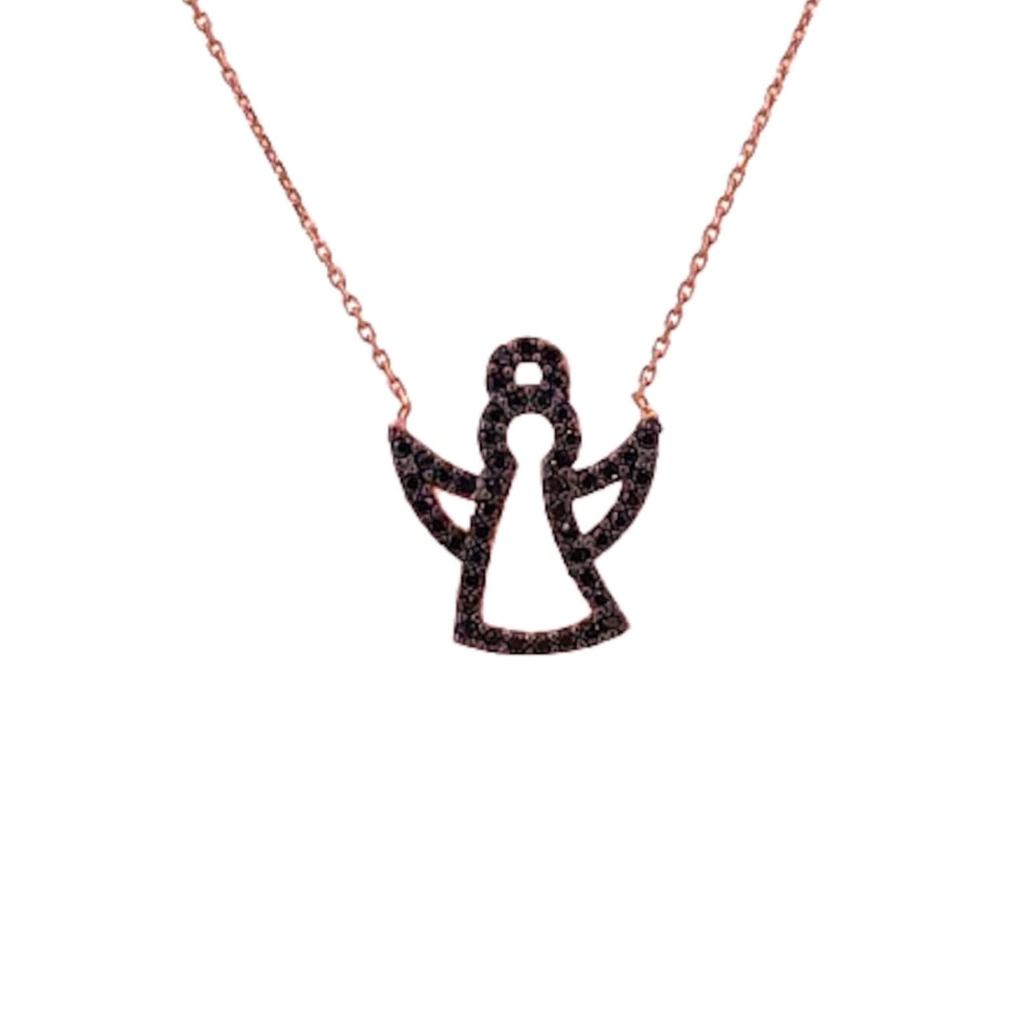 COLLAR ANGEL PLATA ACABADO ROSA CIRCONITAS NEGRAS