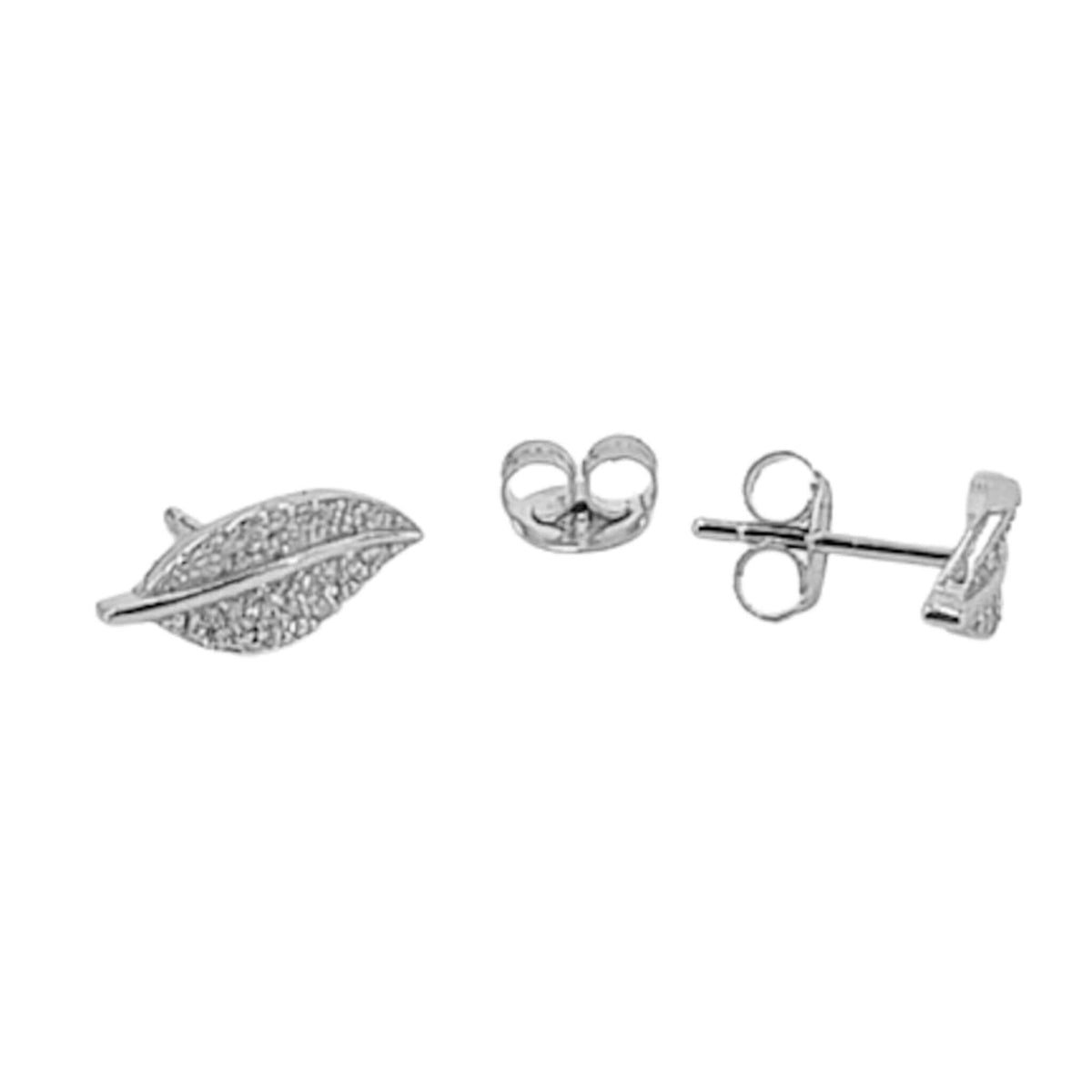 Silver Leaf Earrings with Rhodium Finish and Cubic Zirconia, Push Back Closure