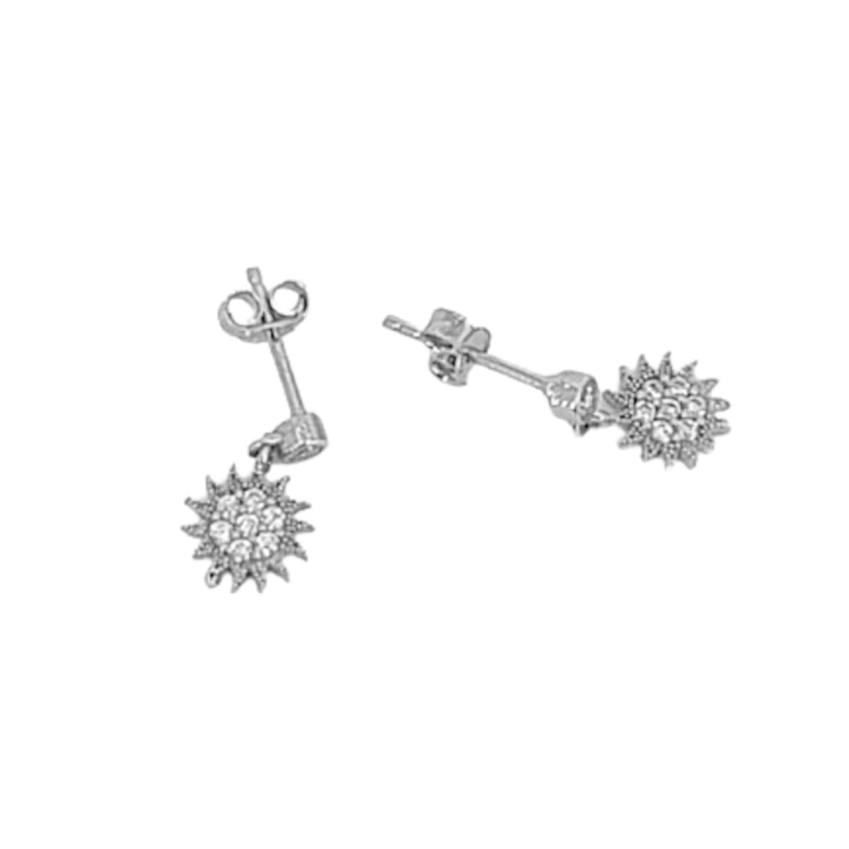 SILVER SUN EARRINGS RHODIUM FINISH ZIRCONIAS PRESSURE CLOSURE