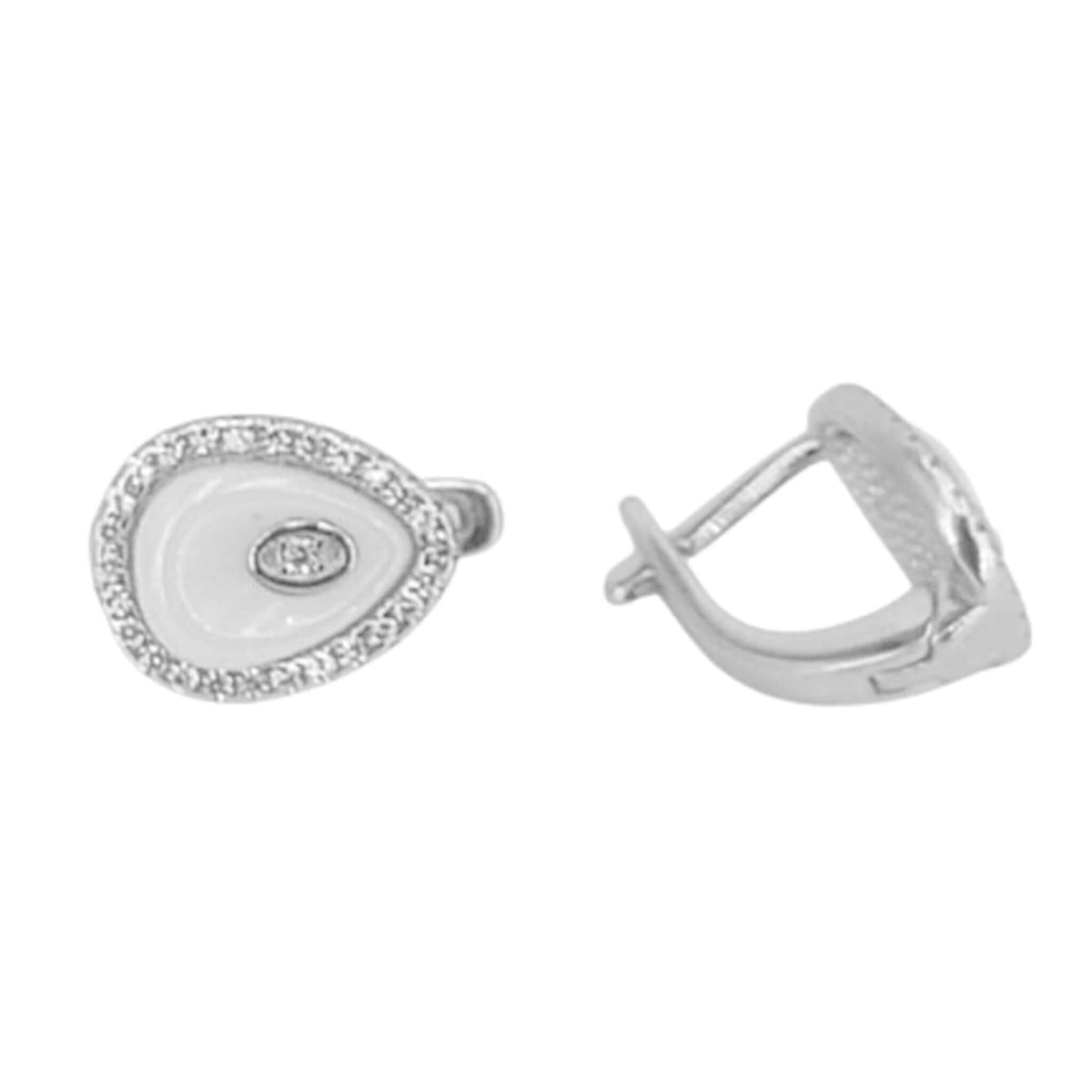 Silver earrings with rhodium finish, white ceramic, cubic zirconia, and Catalan clasp.