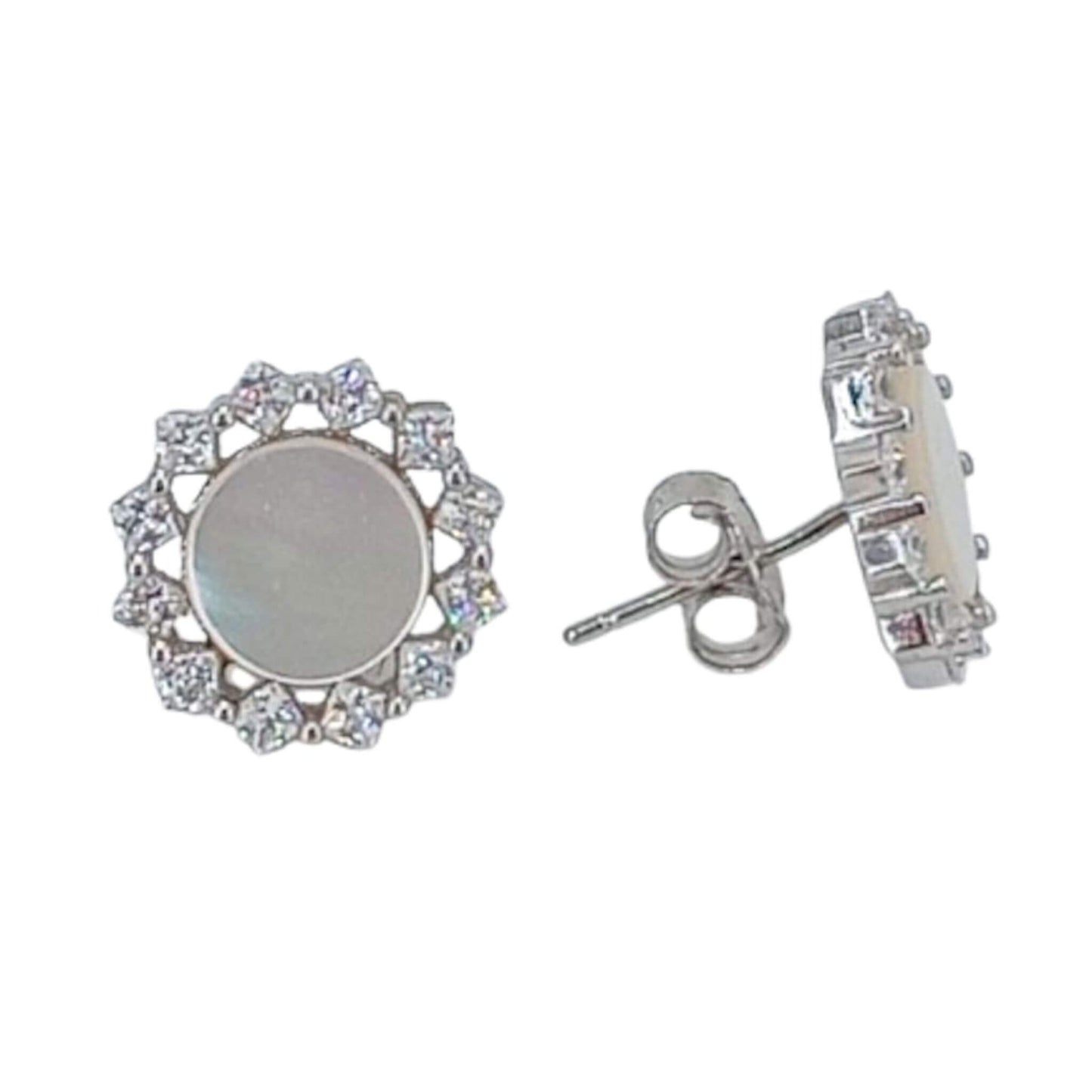 SILVER MOTHER-OF-PEARL EARRINGS WITH RHODIUM FINISH AND ZIRCONIAS, PRESSURE CLOSURE