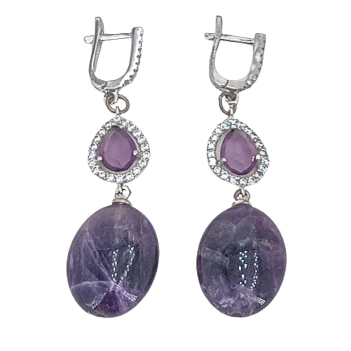 Silver earrings with rhodium finish, cubic zirconia, amethysts, and Catalan clasp.