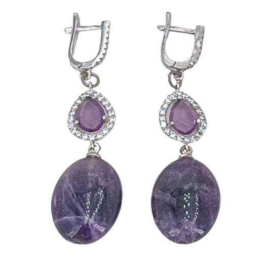 Silver earrings with rhodium finish, cubic zirconia, amethysts, and Catalan clasp.