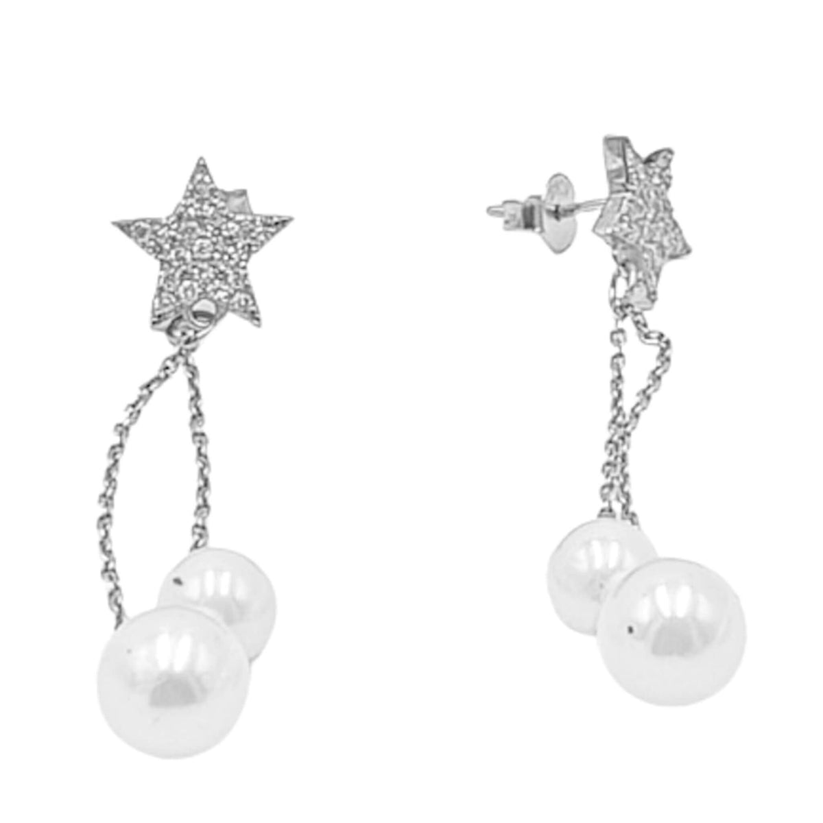 SILVER EARRINGS WITH RHODIUM FINISH, STAR AND ZIRCONIA, PRESSURE CLOSURE
