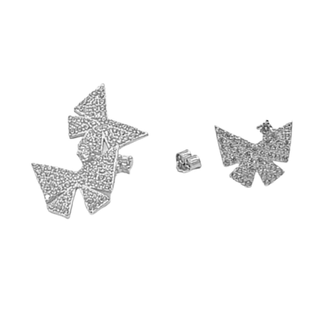 Silver bow earrings with rhodium finish and cubic zirconia, push-back closure