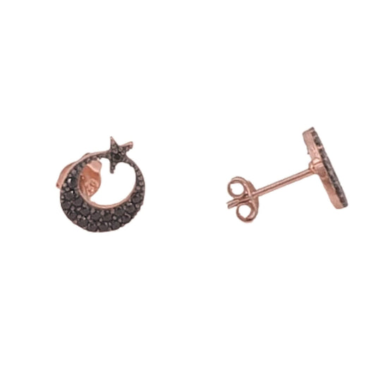 Crescent moon and star earrings, silver with rose gold finish, black cubic zirconia, push-back closure