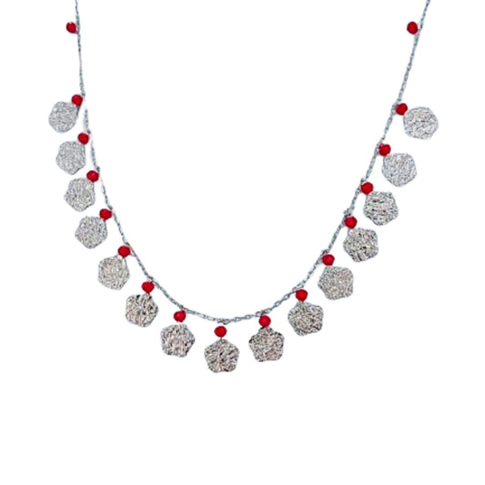 SILVER RHODIUM-PLATED CORAL NECKLACE AND BRACELET SET