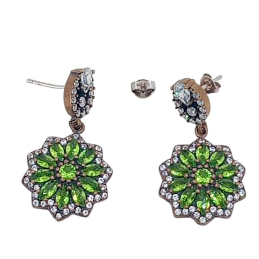 SILVER AND BRONZE EARRINGS WITH SILVER FINISH, NATURAL STONES, PRESSURE CLOSURE